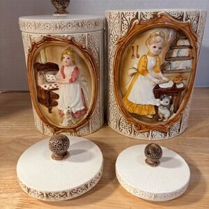 Vintage 1978 Sears Roebuck Ceramic Canister Set 2pc Baking Scenes Made in Japan